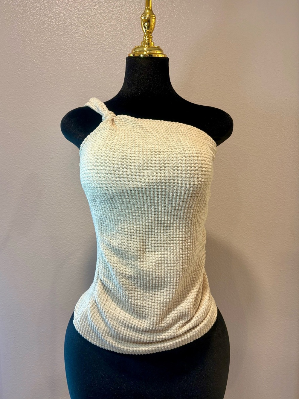 SHEIN Cream One-Shoulder Waffle Knit Tank